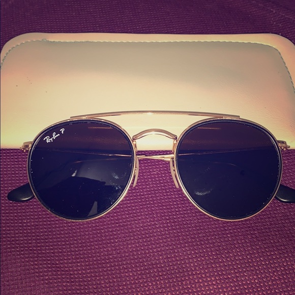 Round double bridged Ray-bans-Brown/Gold framed main image 3